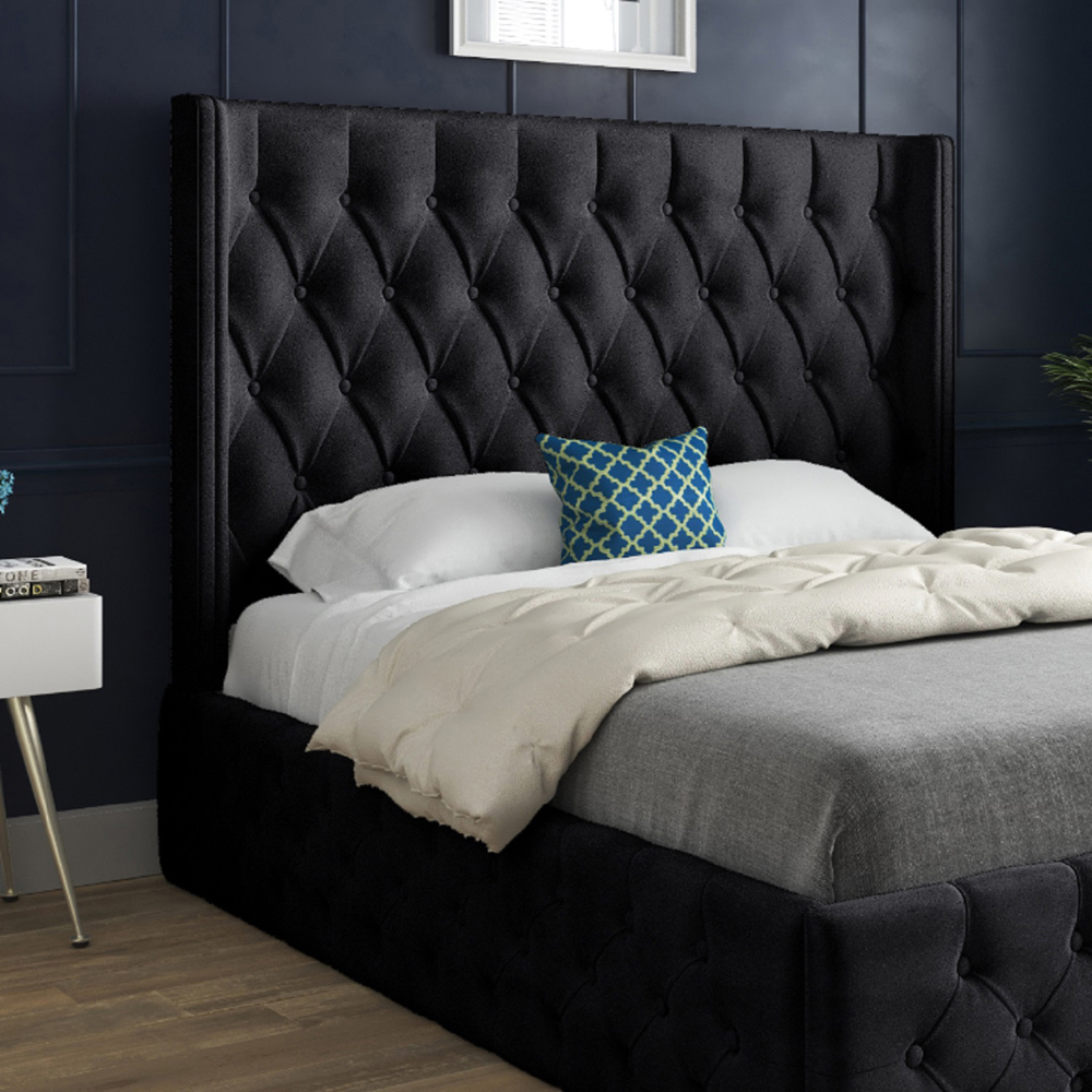 Turin Single Black Soft Velvet Upholstered Bed Frame with Straight Winged Headboard Image 3