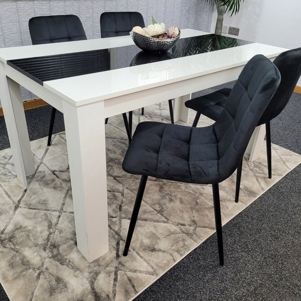 Portland Velvet and Wood 4 Seater Dining Set White and Black Image 2