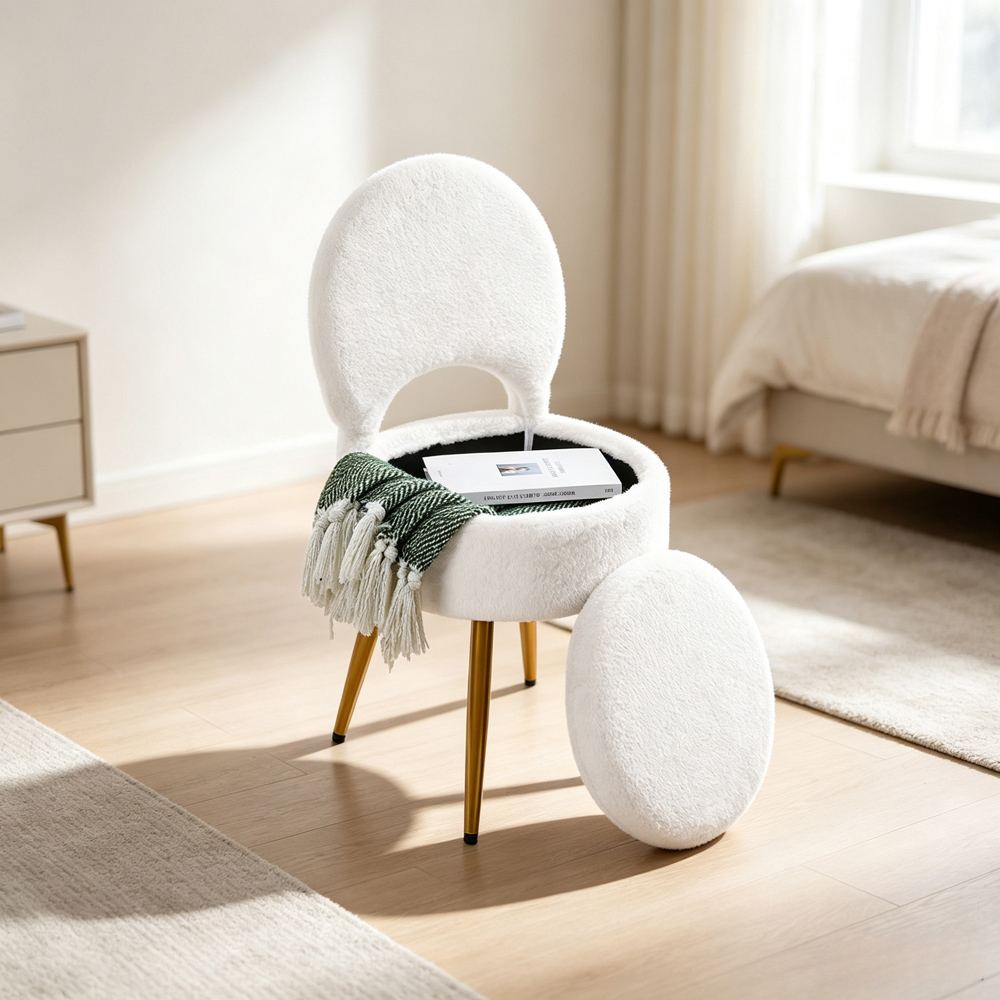 Living and Home White Faux Rabbit Fur Round Back Foldable Vanity Chair with Storage Image 7