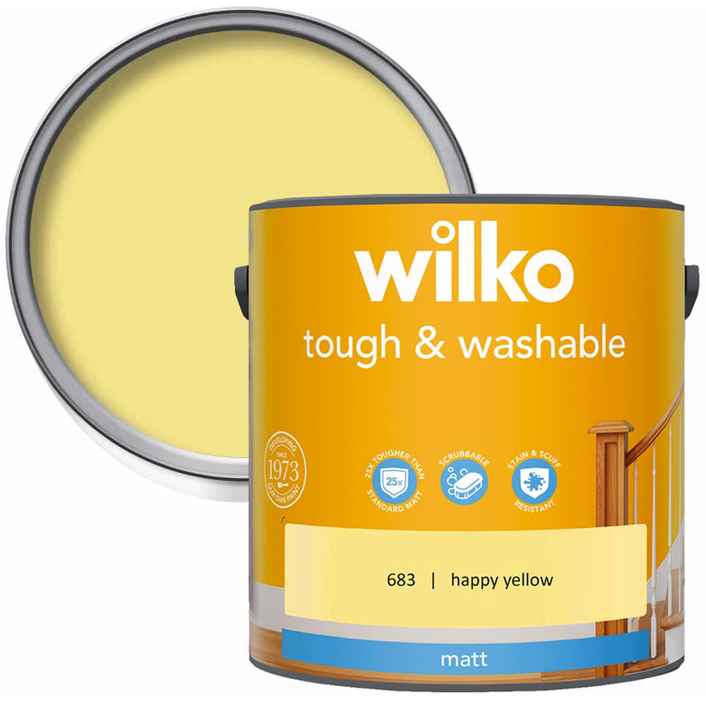 Wilko Tough & Washable Happy Yellow Matt Emulsion Paint 2.5L Image 1