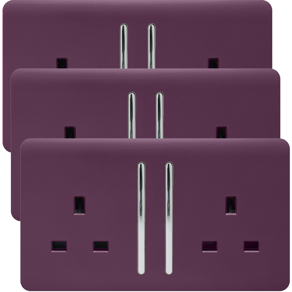 Trendi Switch 2 Gang 13amp Plum Purple Long Switched Plug Socket 3 Pack Image 1