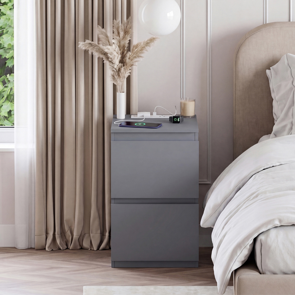 VIDA DESIGNS Denver 2 Drawer Grey Bedside Chest with Power Outlet Image 3
