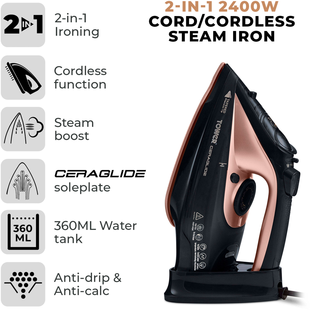Tower CeraGlide Rose Gold Cord and Cordless Steam Iron 2400W Image 3