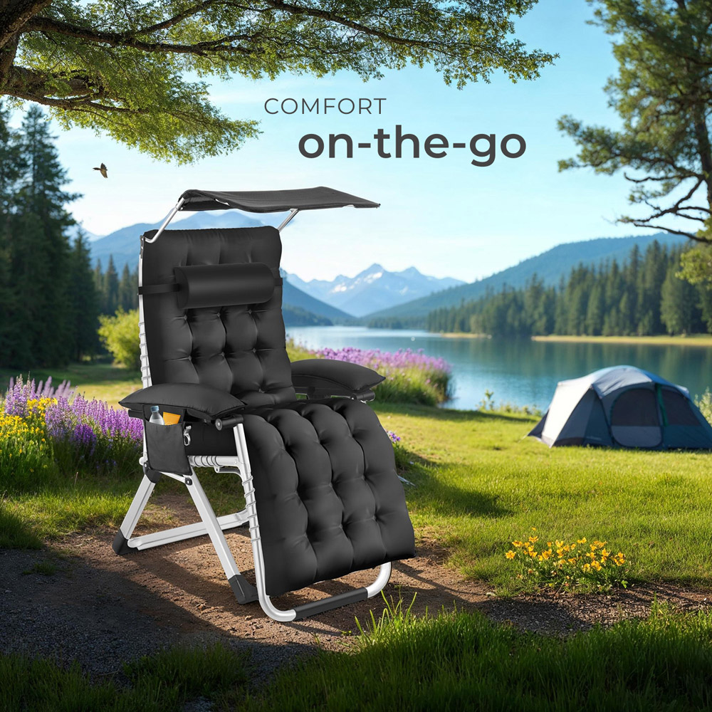 tectake Cirrus Black Folding Plush Padding Sun Lounger with Sun Shade Image 8