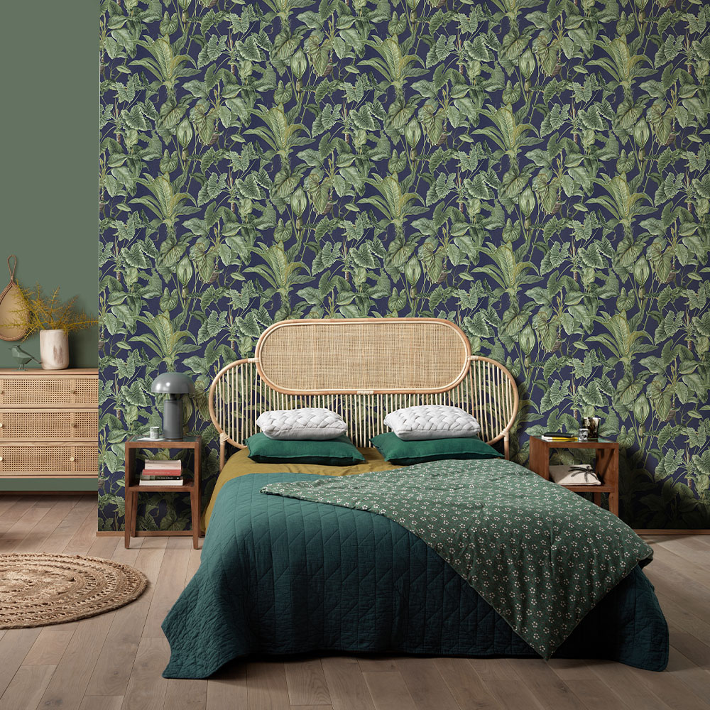 Erismann Paradiso Tropical Leaves Navy and Green Wallpaper Image 3