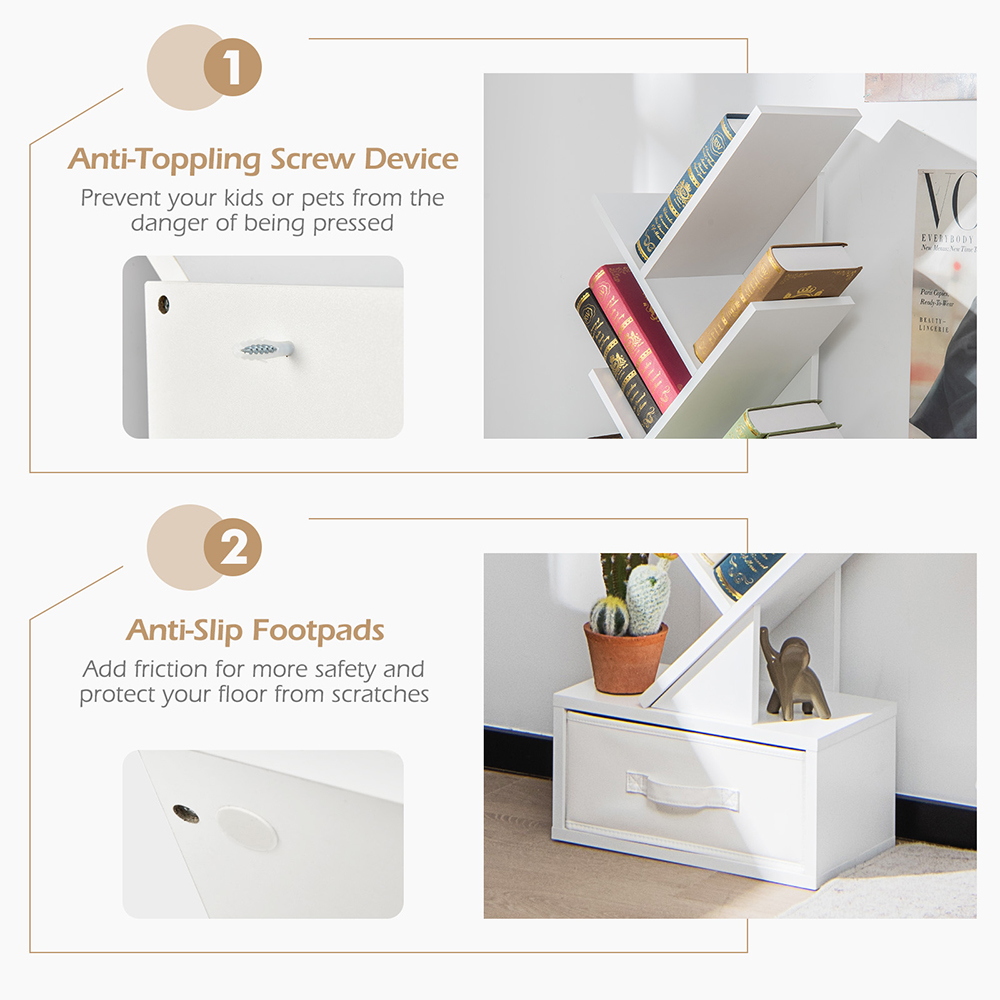 Costway Single Drawer 10 Shelf White Tree Bookshelf Image 6