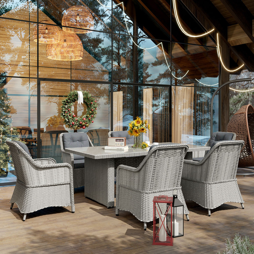 Outsunny 6 Seater Grey Rattan Garden Dining Set with Glass Top Table and Cushions Image 5