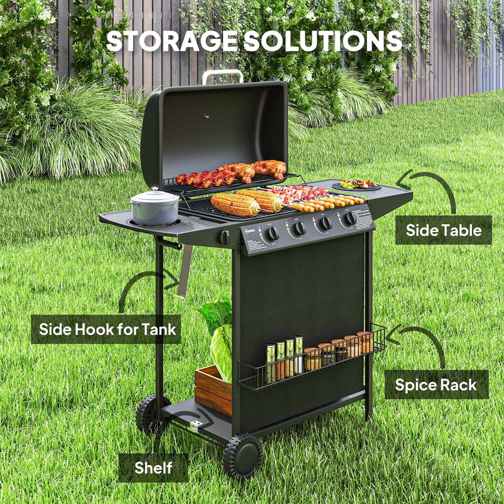 Outsunny Black 5 Burner Gas Barbecue Grill with Lid Image 6
