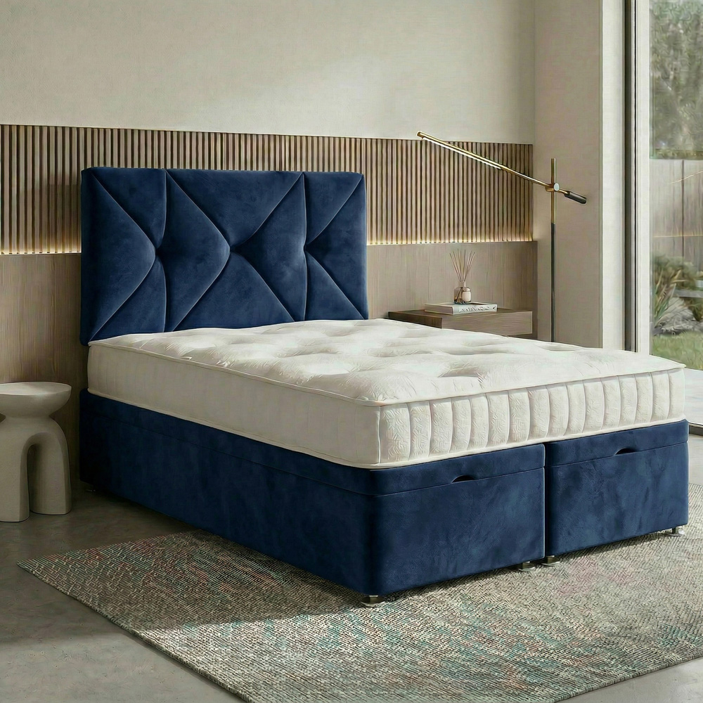 DS Living Eclipse Double Dark Blue Plush Velvet Ottoman Bed Image 5