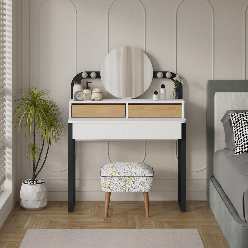 Decortie Lora 4 Drawer White Sapphire Oak Dressing Table with LED Mirror Image 5