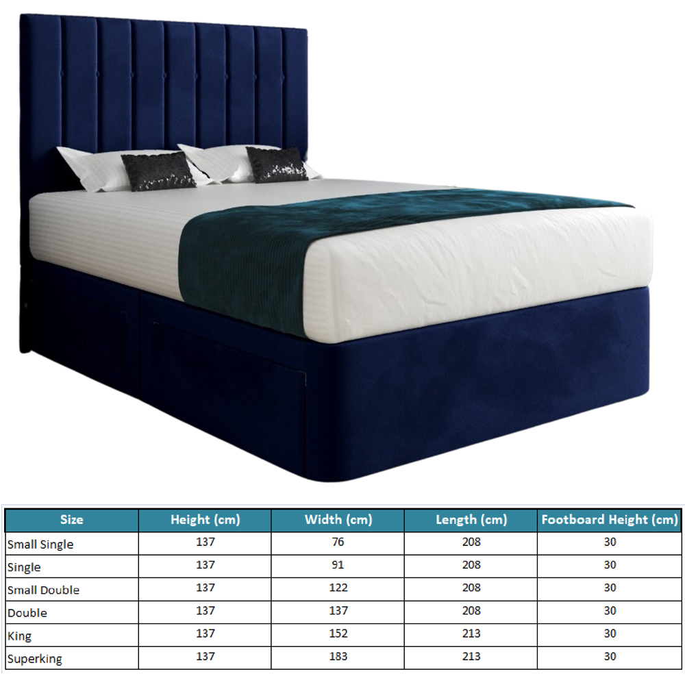 Marcelo Blue Small Double Velvet Upholstered Divan Bed Frame with Linear Headboard Image 7