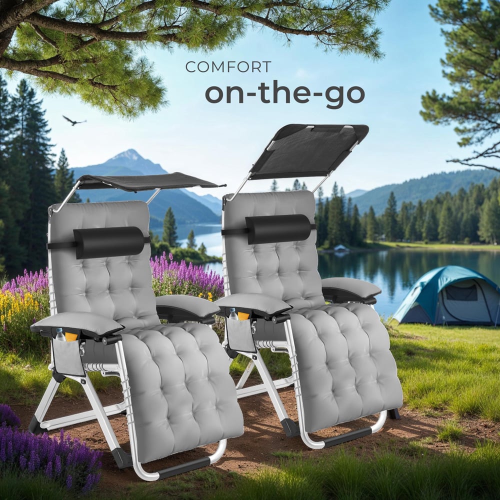 tectake Cirrus Light Grey Set of 2 Folding Plush Padding Sun Lounger with Sun Shade Image 8