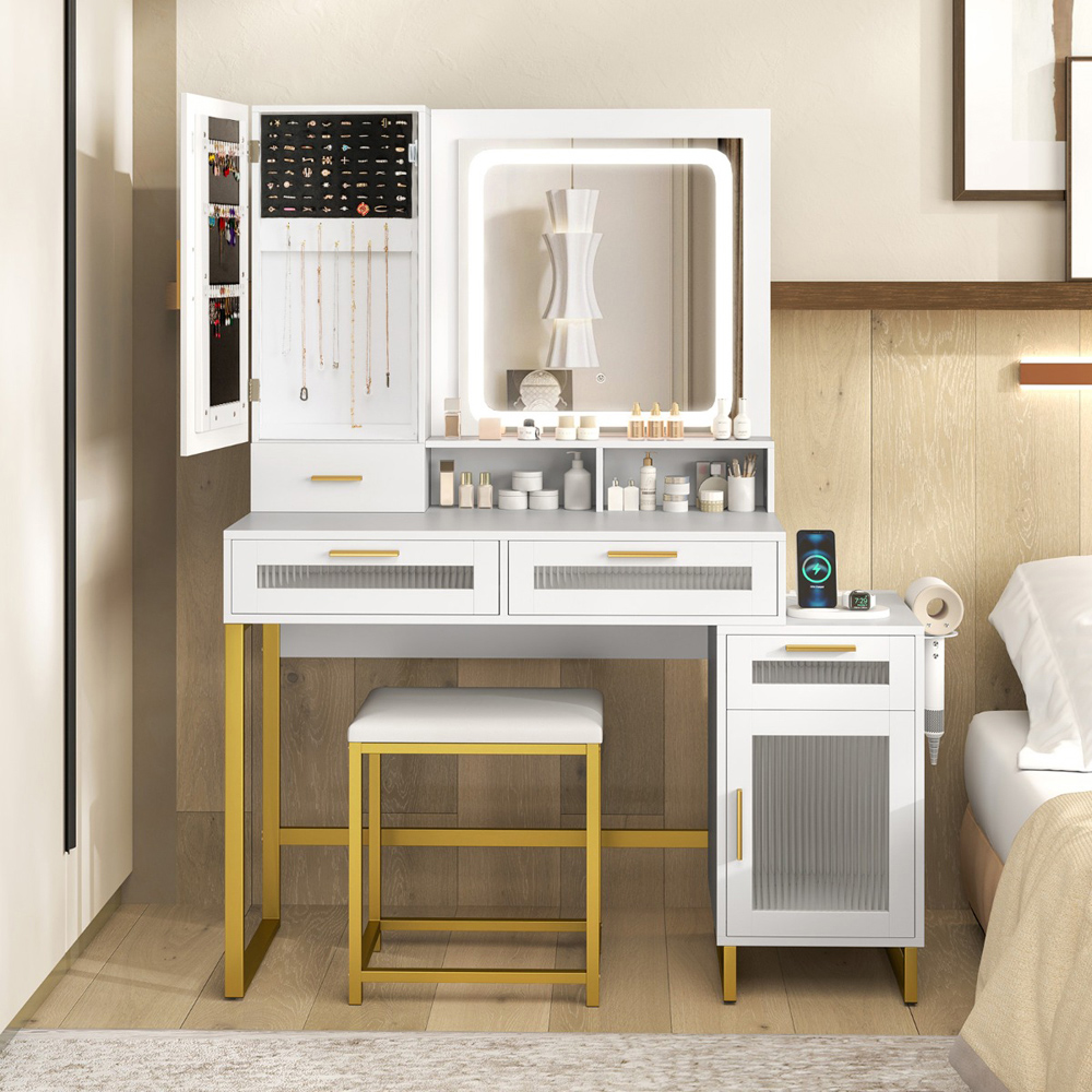 Costway 4 Drawer 2 Door White Dressing Table and Chair Set with LED Mirror Image 4