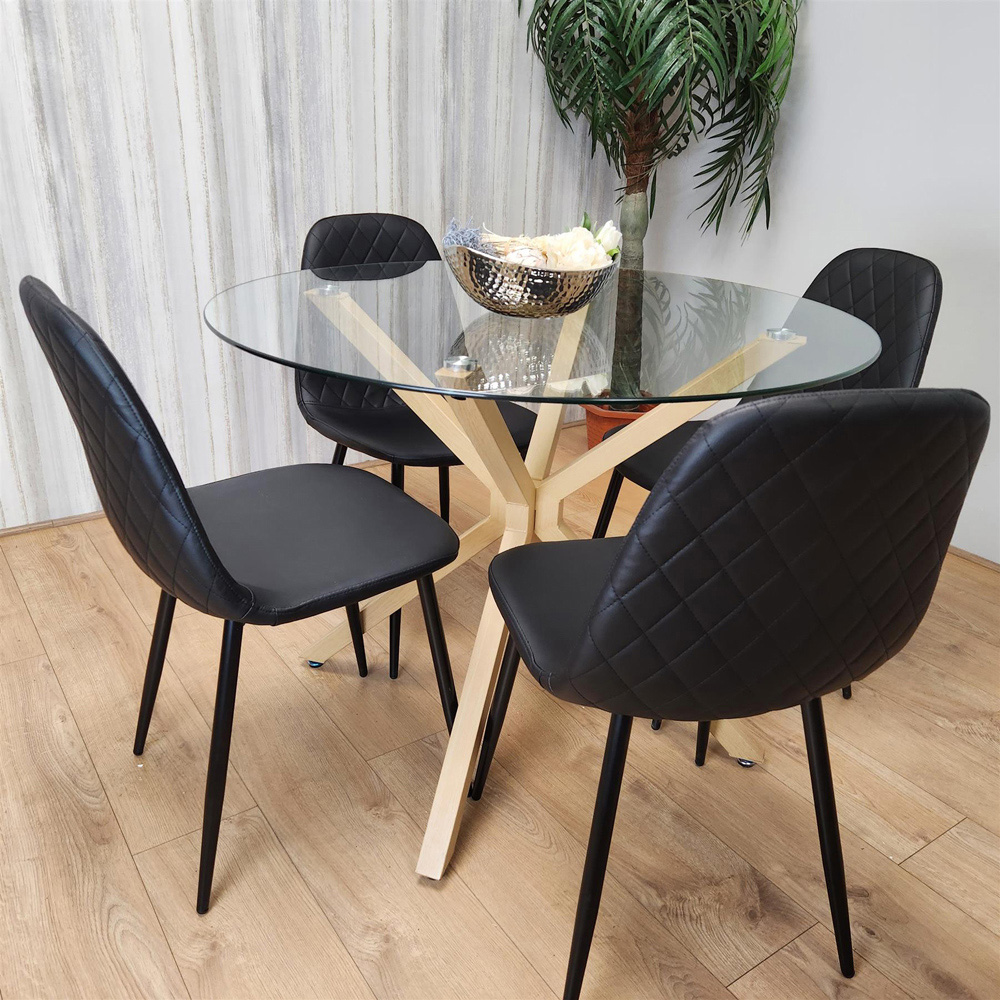 Portland Clear Glass and Leather 4 Seater Dining Set Black Image 2