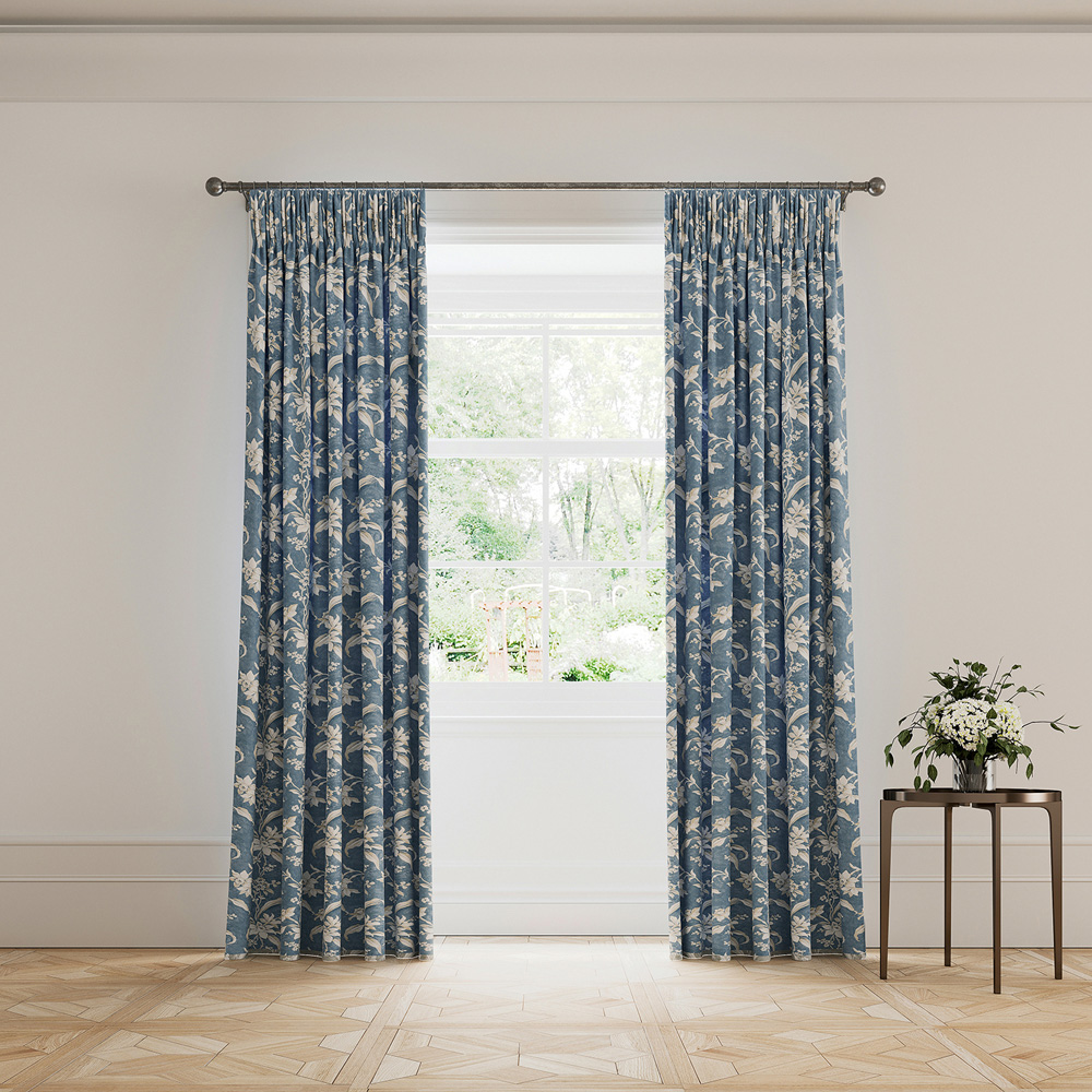V&A Daffodil Dreams Blue Lined Blackout Pencil Pleat Curtains 229 x 137cm Image 4
