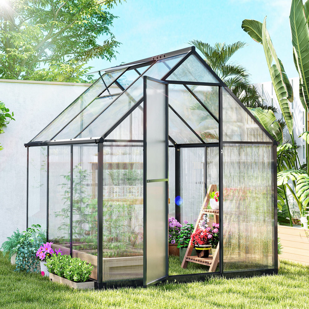 Outsunny Black Polycarbonate 6 x 6.5ft Walk-In Greenhouse with Rain Gutter and Swing Door Image 2