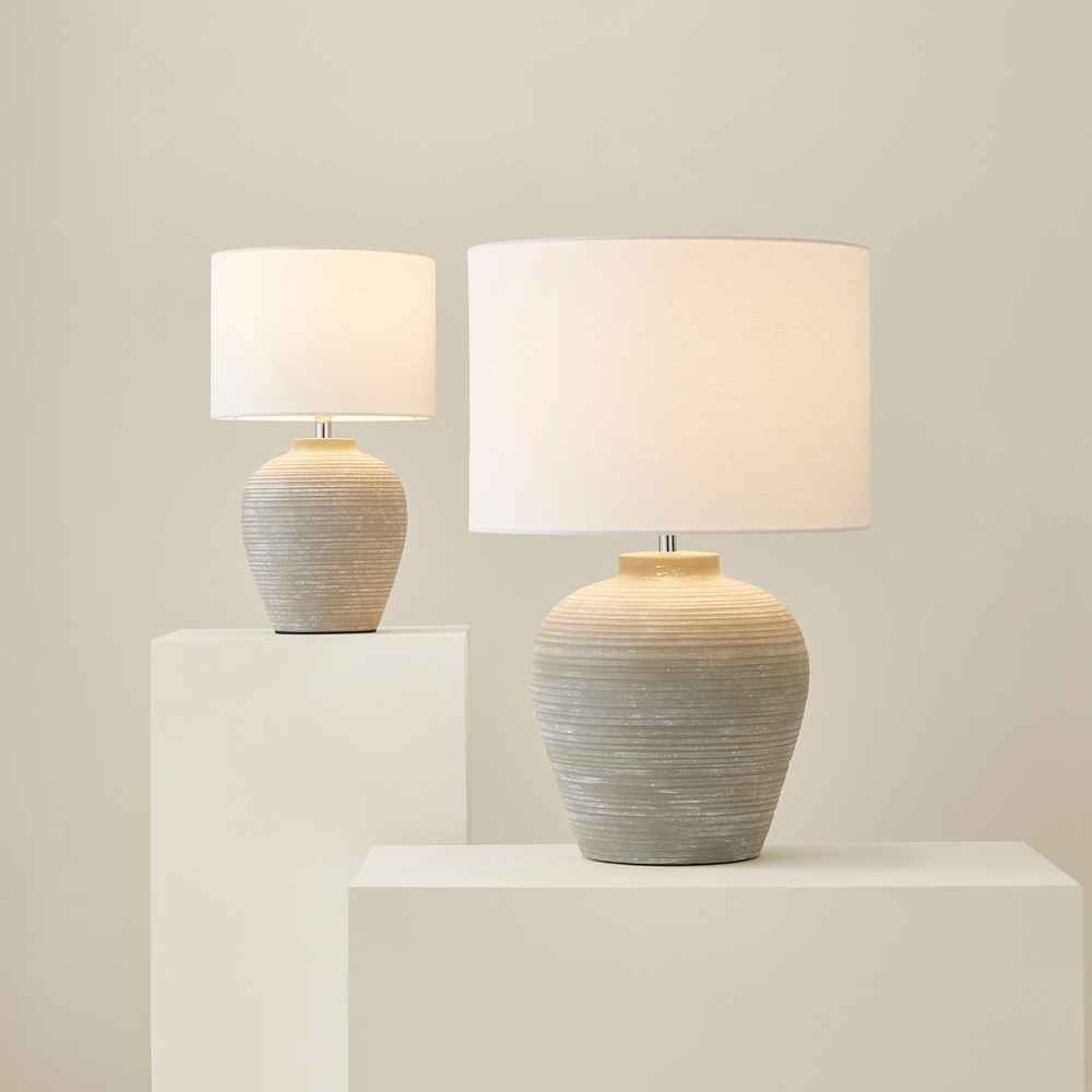 ValueLights Reid Linen Drum Lamp Shade Stone Grey Ribbed Ceramic Large LED Table Lamp Image 6