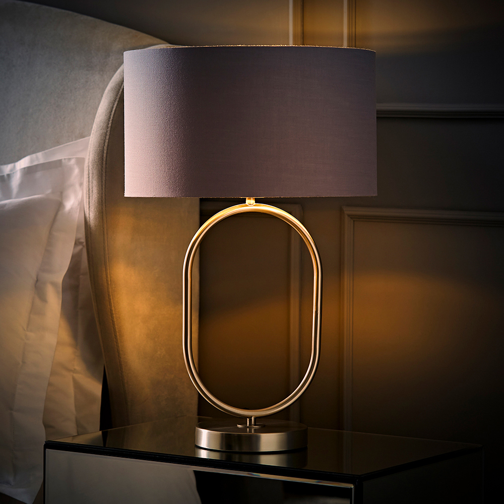 ValueLights Antonia Grey with Chrome Drum Shade Brushed Chrome Oval LED Table Lamp Image 2