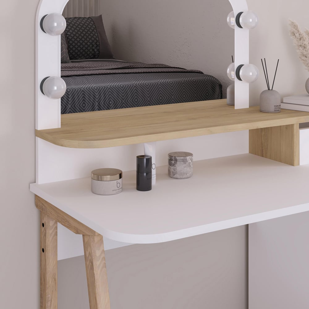 Decortie Avien 3 Drawer Single Door White and Oak Makeup Vanity Table with LED Mirror Image 3