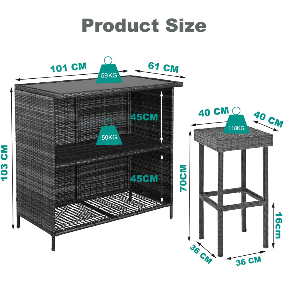 Furniture One 2 Seater Grey Rattan Garden Bar Set Image 7