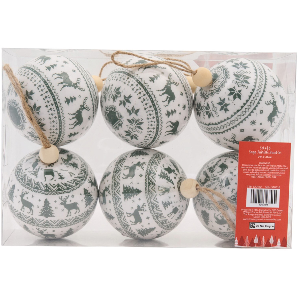 Set of 6 Sage Fair Isle Pattern Baubles Image 3