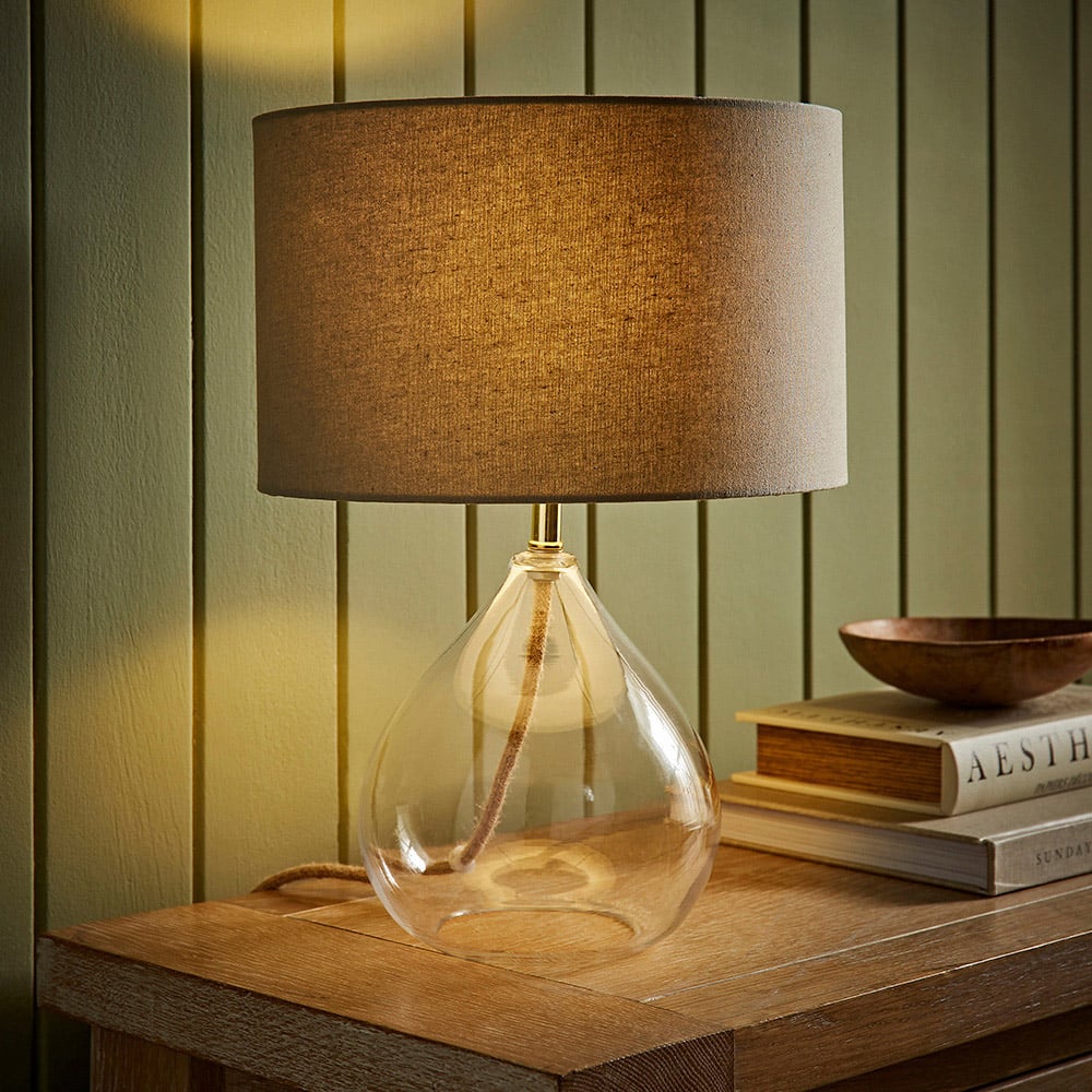 ValueLights Eloise Natural Linen Drum Shade Clear Glass Teardrop LED Table Lamp Image 6