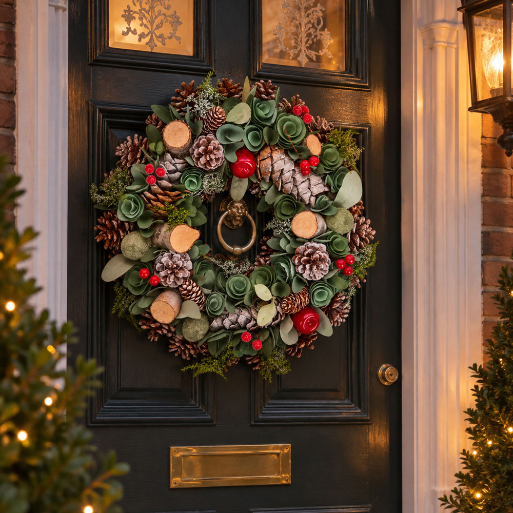 Neo Wooden Accent Artificial Christmas Wreath with Berries and Pine Cones 50cm Image 2