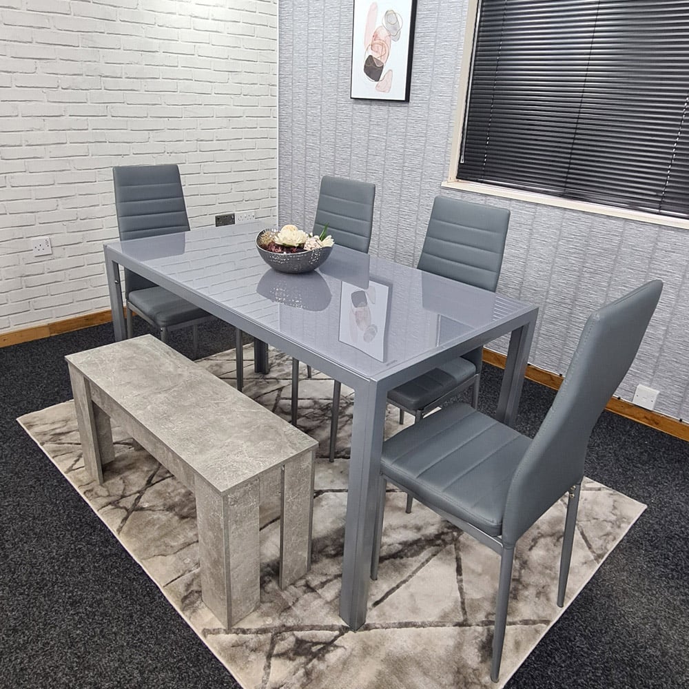 Portland Leather 6 Seater Dining Set with Bench Grey Image 3