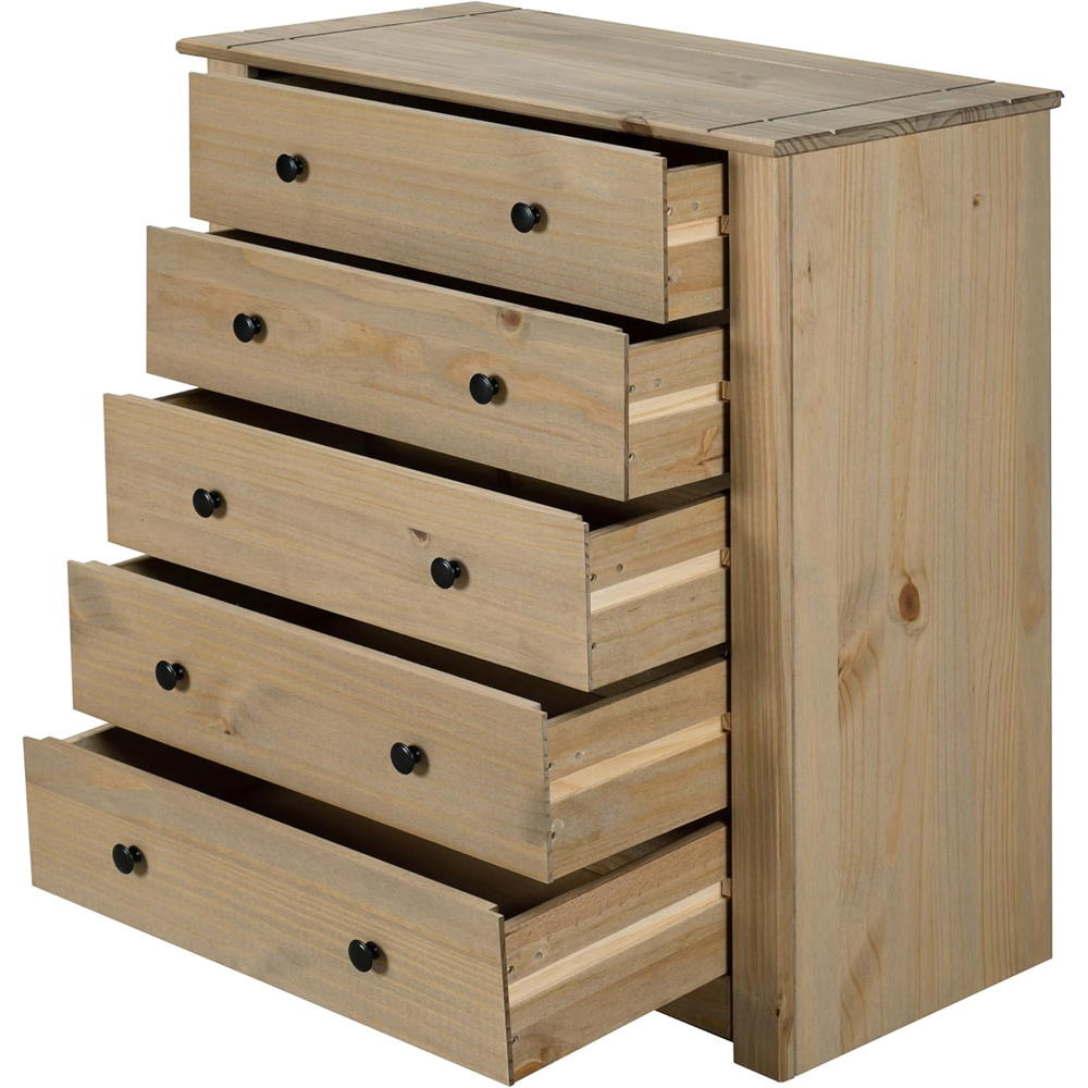 Mews Panama Solid Pine Wood Waxed Oak Finish 5 Drawer Chest of Drawers Image 2
