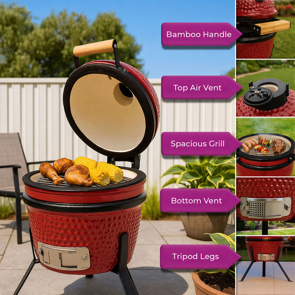 Neo Kamado Red Portable Ceramic 13 inch Mini BBQ Grill Smoker with Stand Image 5