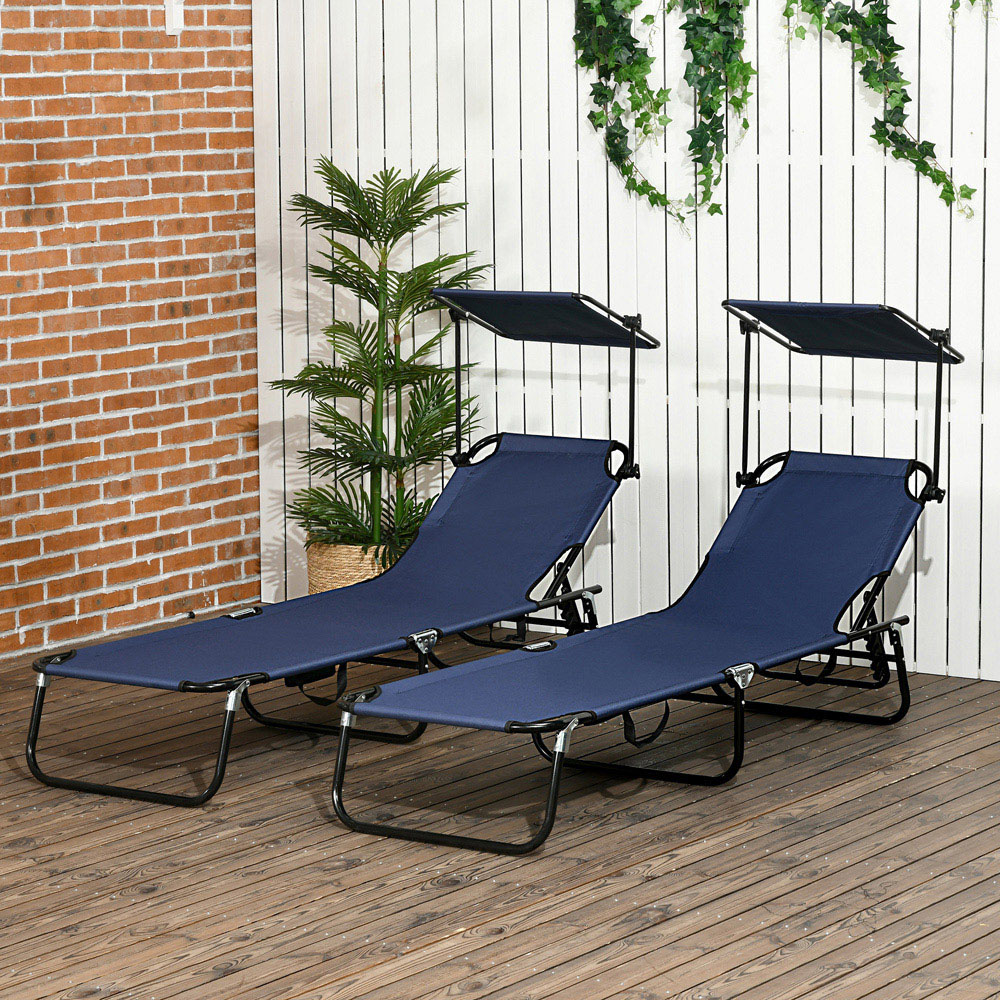 Outsunny Set of 2 Dark Blue Adjustable Folding Sun Lounger with Sunshade Roof Image 7