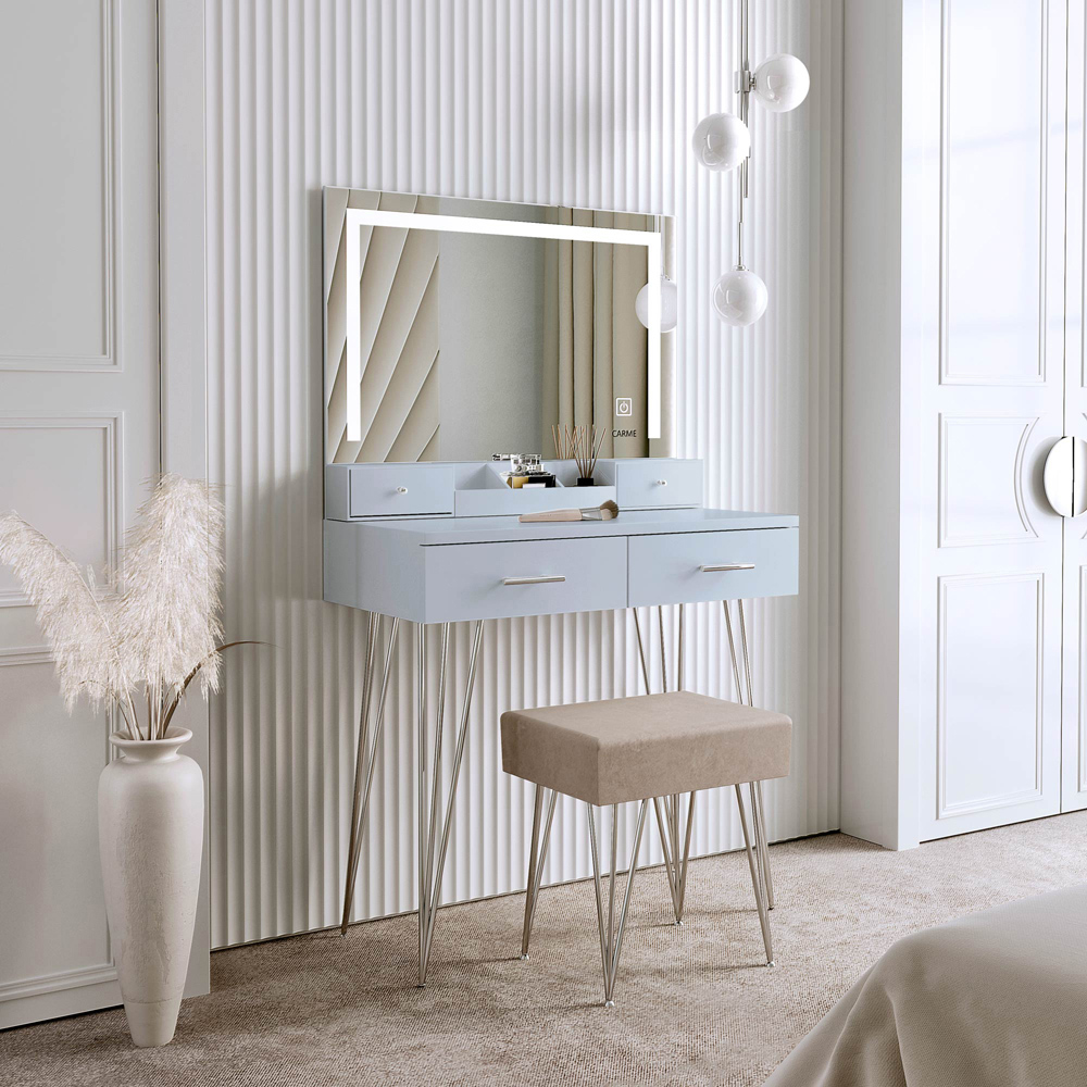 CARME Home Sophia 4 Drawer Grey Dressing Table Set with LED Mirror Image 6
