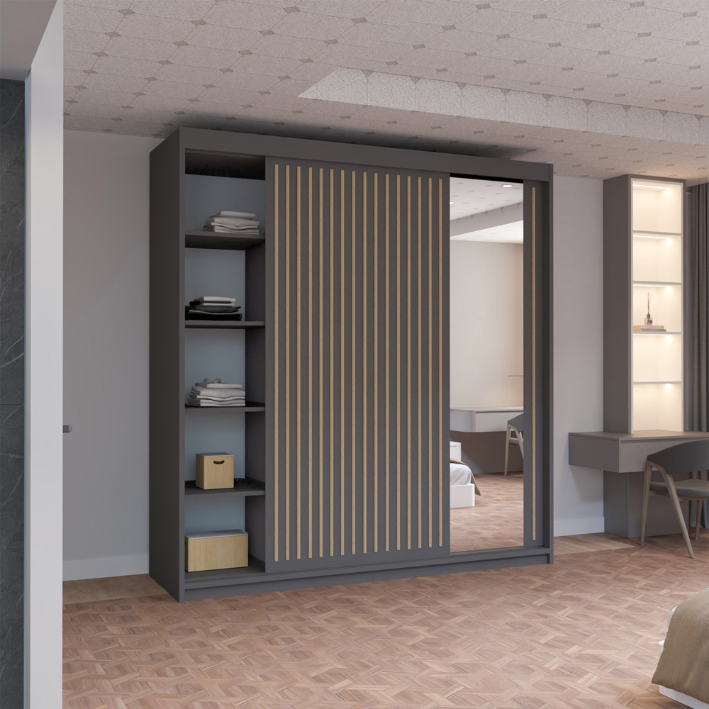 M N Furniture Roman 2 Door Grey and Oak Mirrored Sliding Wardrobe 203cm Image 3