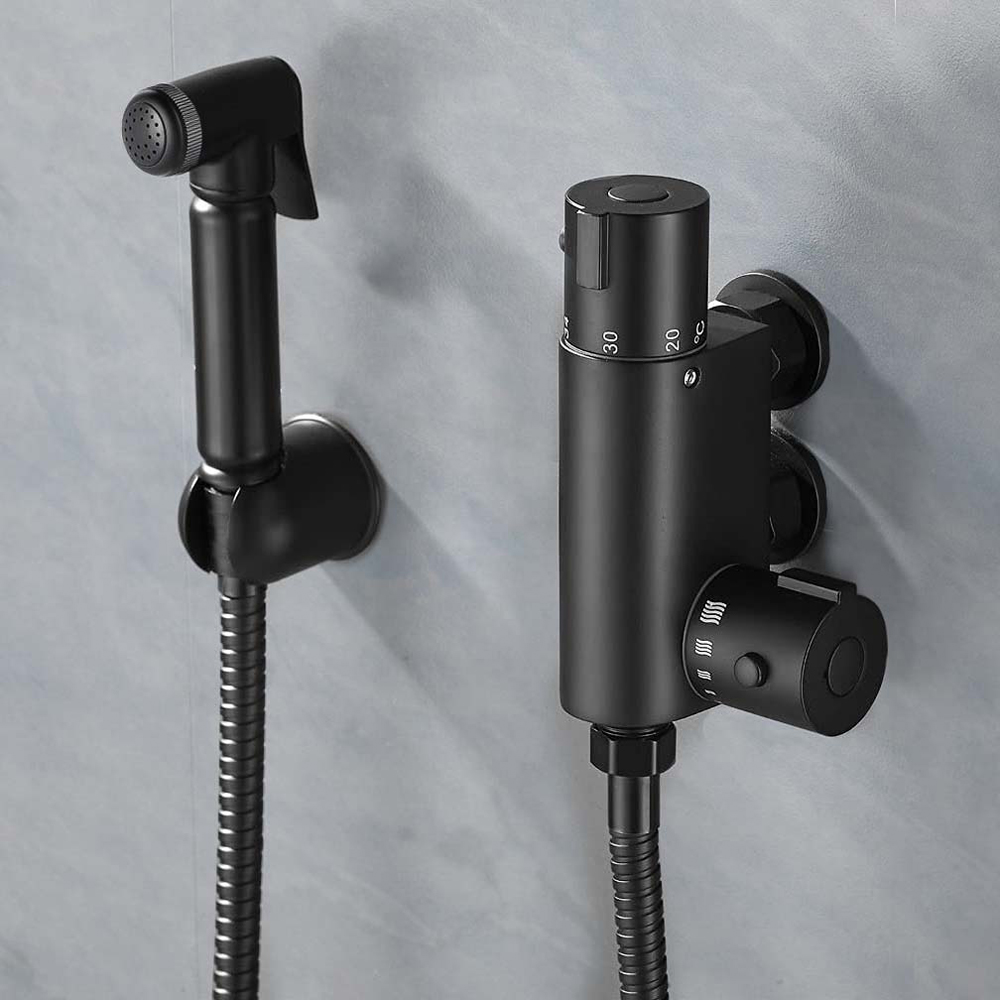 Nes Home Matte Black Bidet Douche Spray Kit with Mini Thermostatic Bar Valve Image 2