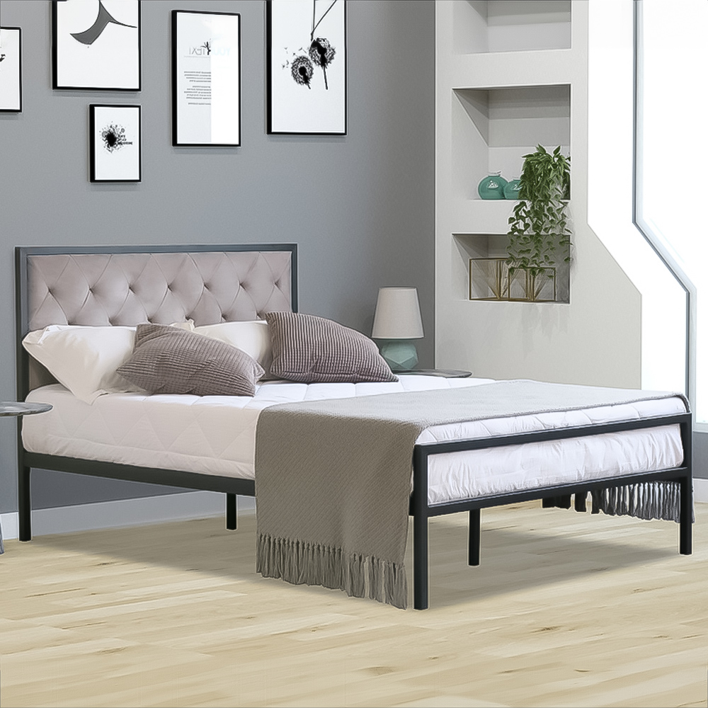 Brooklyn Double Metal Bed Frame with Grey Plush Velvet Buttoned Headboard Image 2