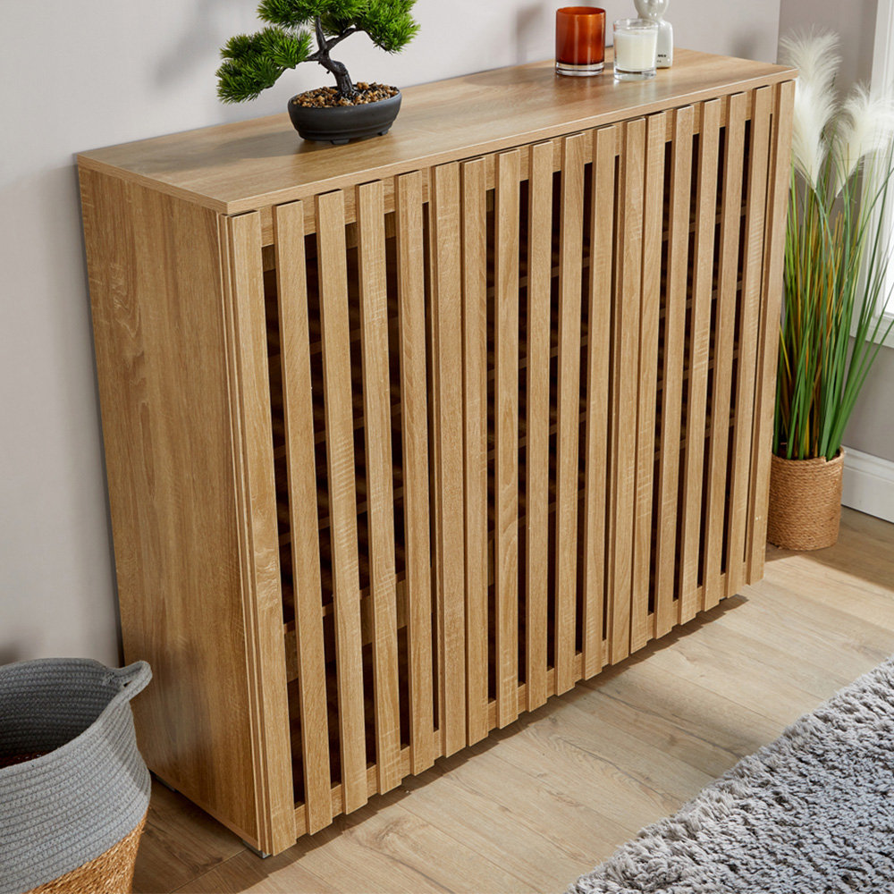 Home Source Halden 3 Door Oak Shoe Cabinet with Adjustable Shelves Image 1