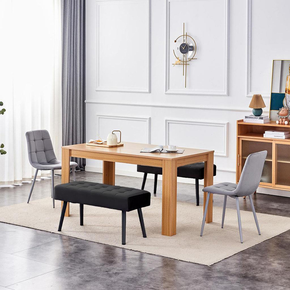 Portland 4 Seater Velvet Wooden Dining Set with Bench Oak Effect Grey and Black Image 6