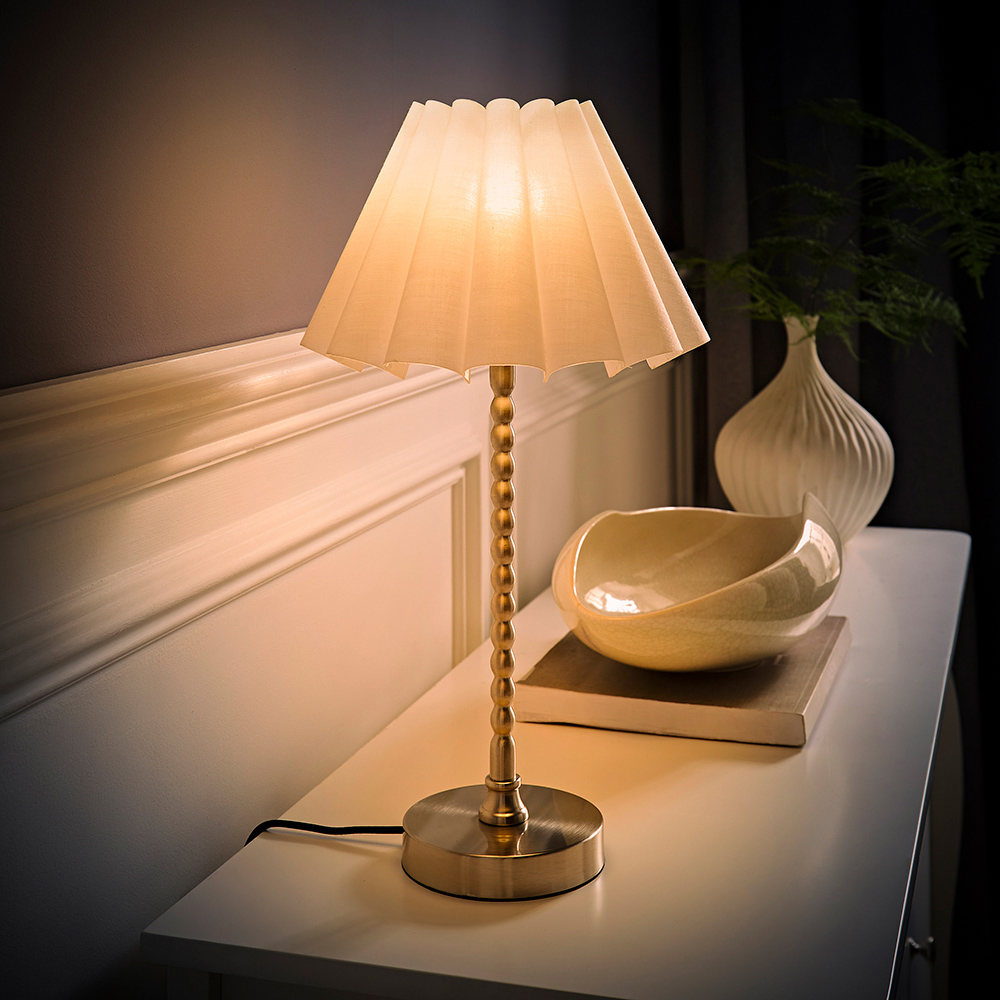 ValueLights Maeve White and Chrome Scallop Pleated Tapered Shade Bobbin Bobble Table Lamp and Bulb Image 2