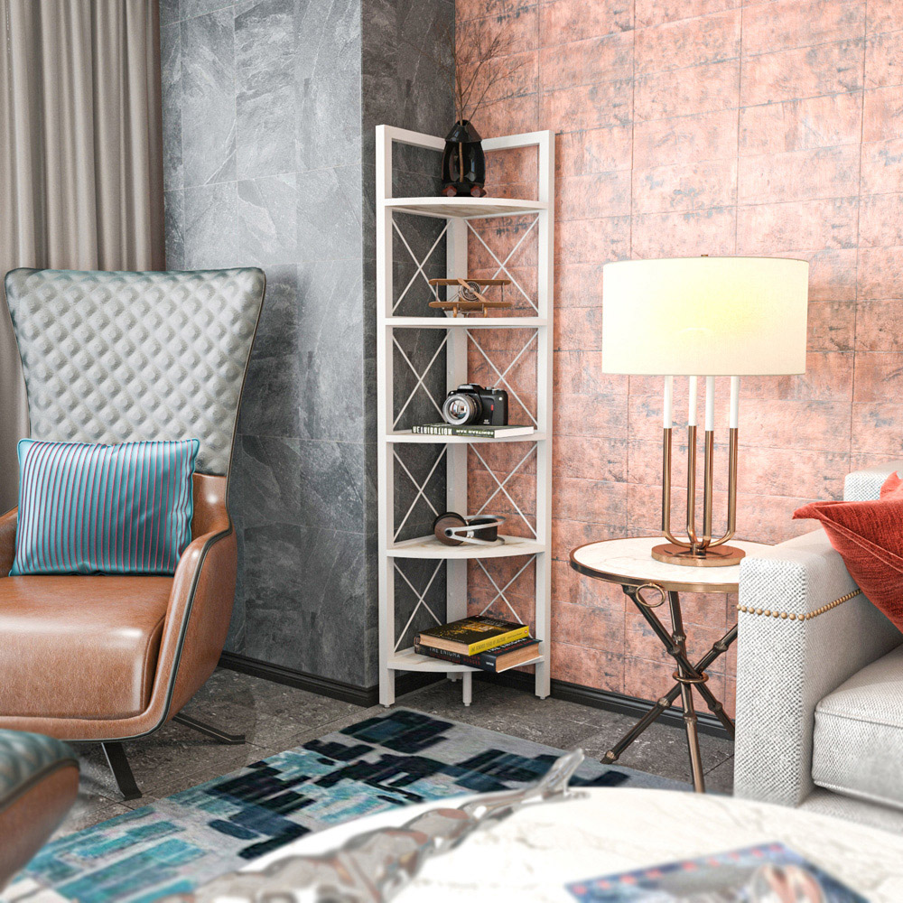 Decorotika Remo 5 Shelf White Marble Effect Metal Frame Corner Storage Rack Image 4