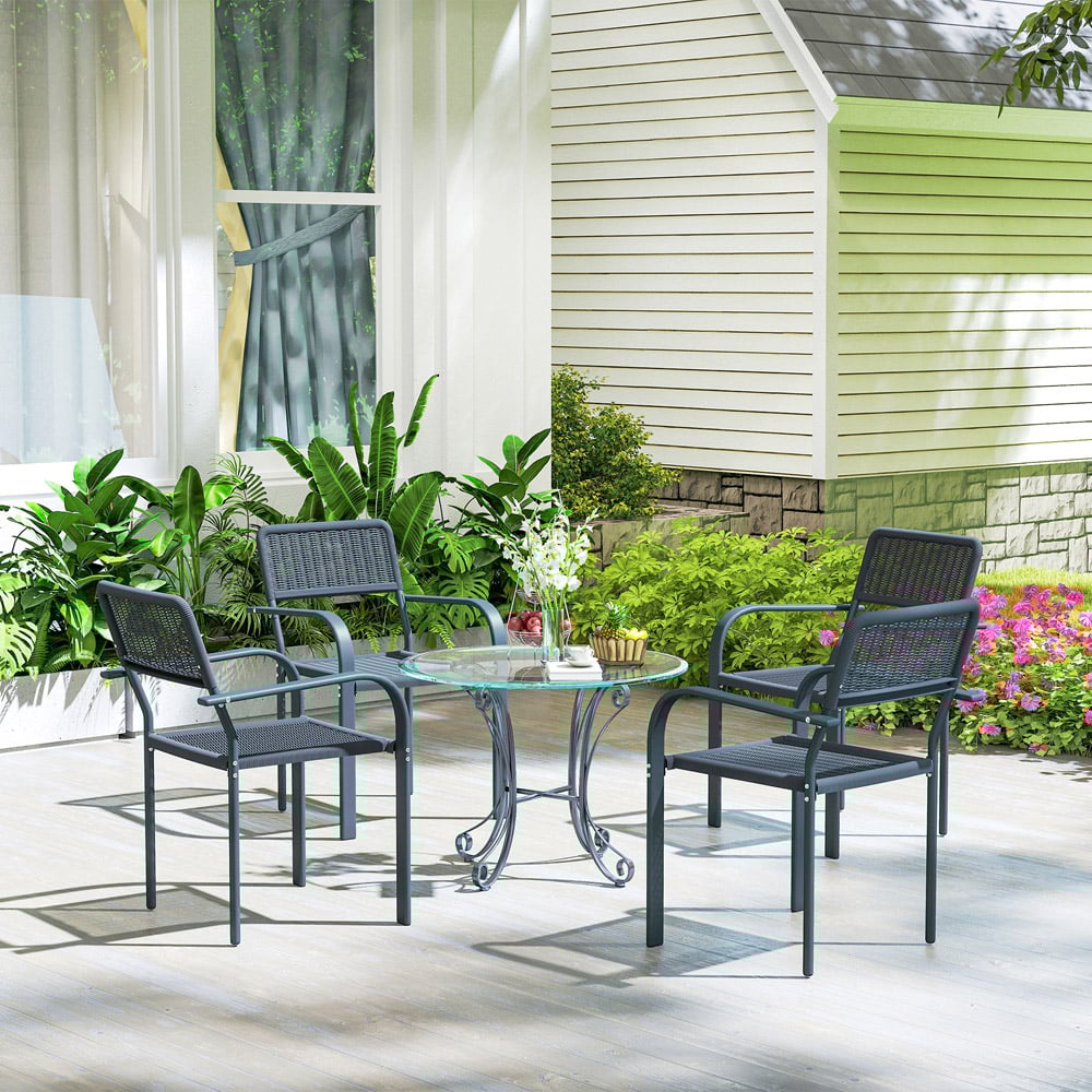 Outsunny Set of 4 Dark Grey Rattan Effect Stackable Garden Chairs Image 3