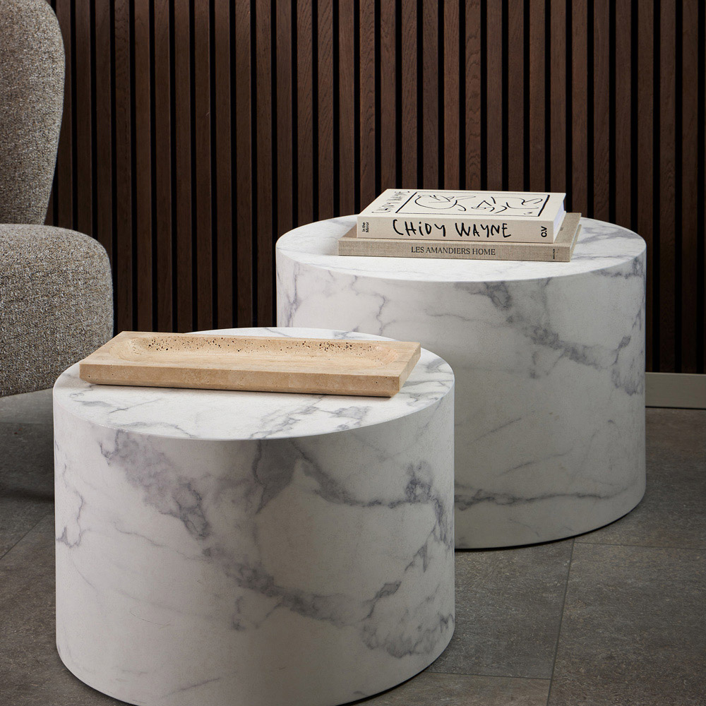 Florence Dice White Marble and Carrara Rough Paper Effect Round Coffee Table Set of 2 Image 7