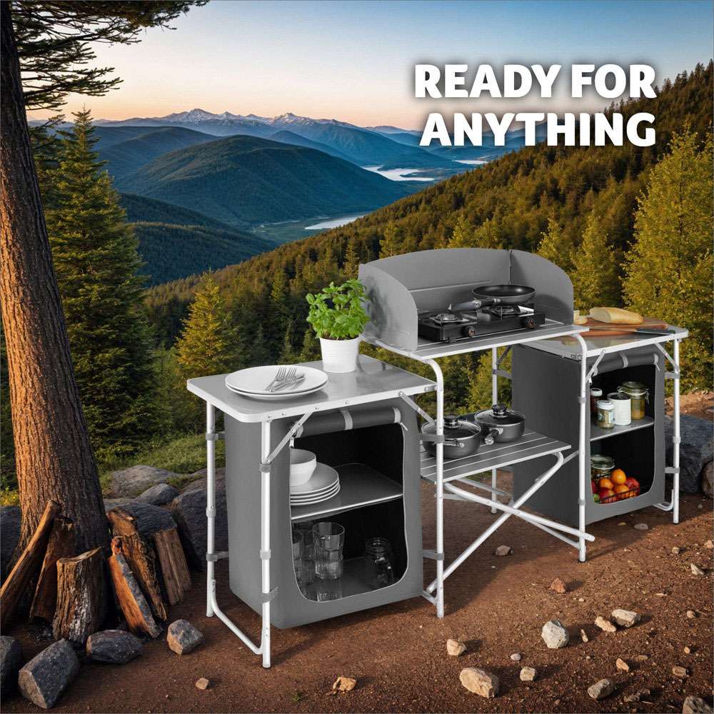 tectake 5 Compartments Grey Foldable Camping Kitchen Image 3