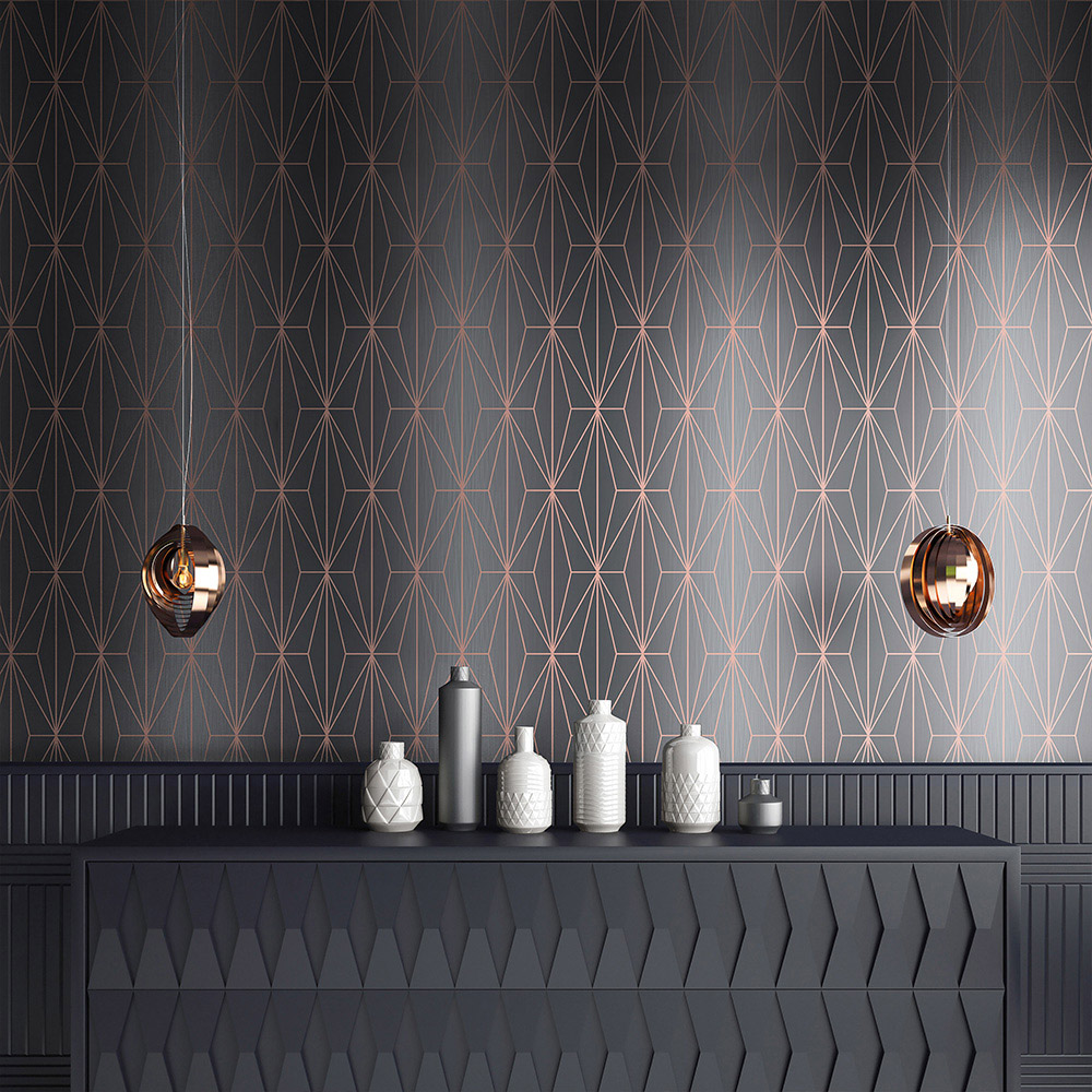 Muriva Kayla Charcoal and Rose Gold Wallpaper Image 3