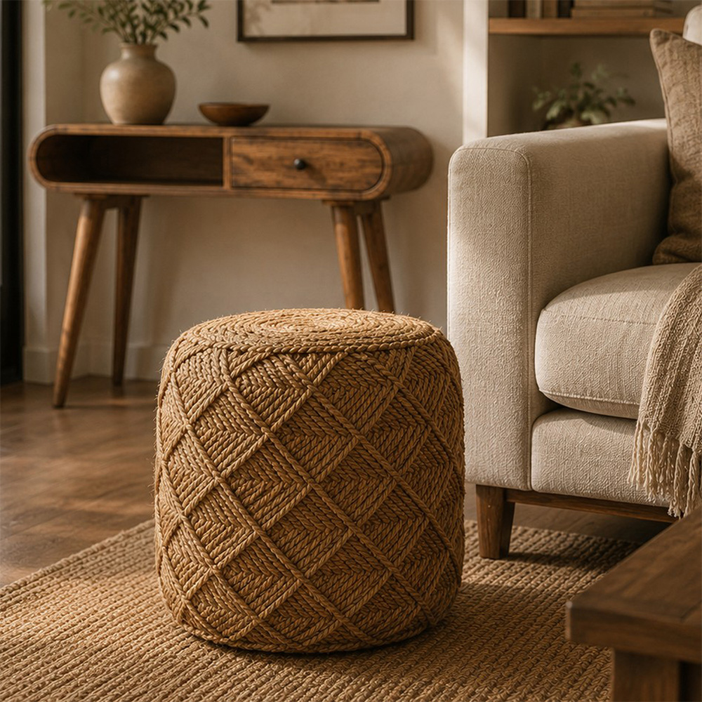 Artisan Furniture Jute Fiber Large Pattern Solid Wood Footstool Image 7