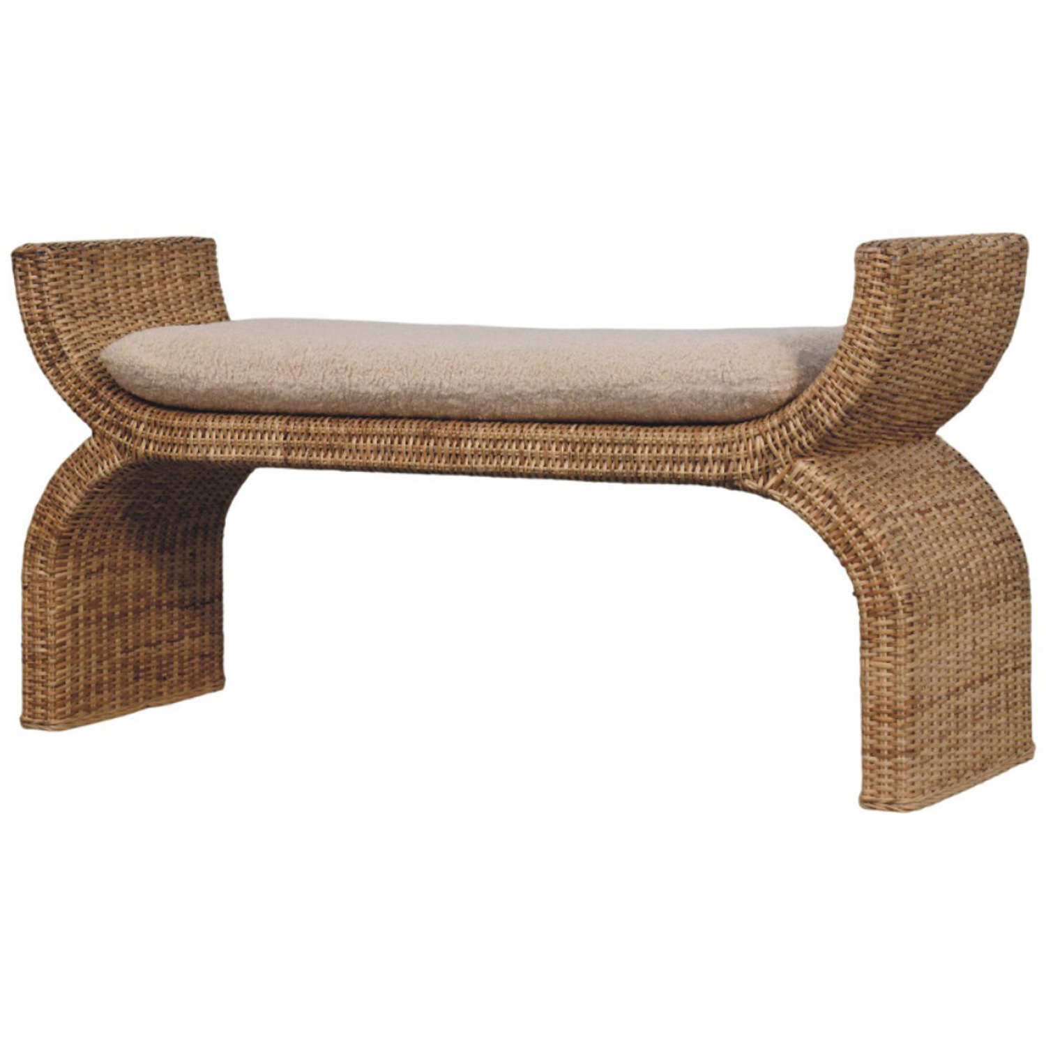 Artisan Furniture Brown and Cream Rattan Weave Boucle Upholstered Solid Wood Bench Image 4
