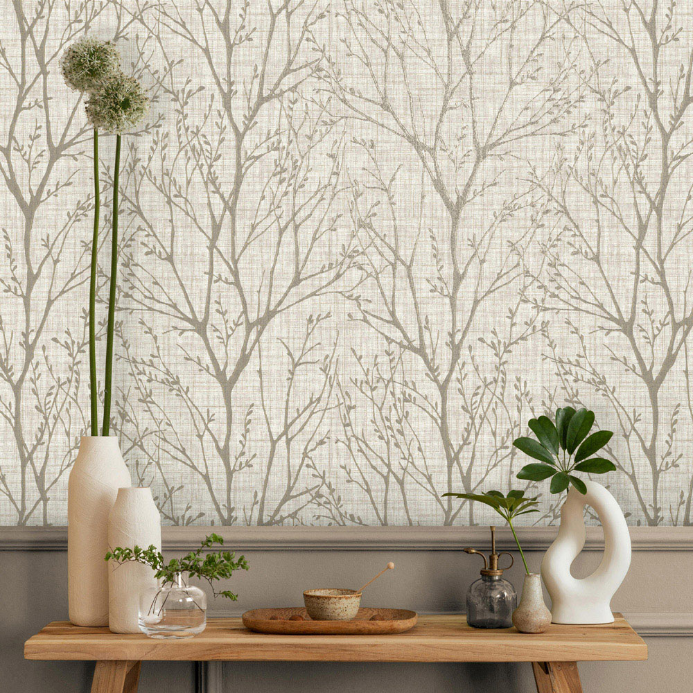 Crown Lynford Trees Fabric Effect Natural Wallpaper Image 2