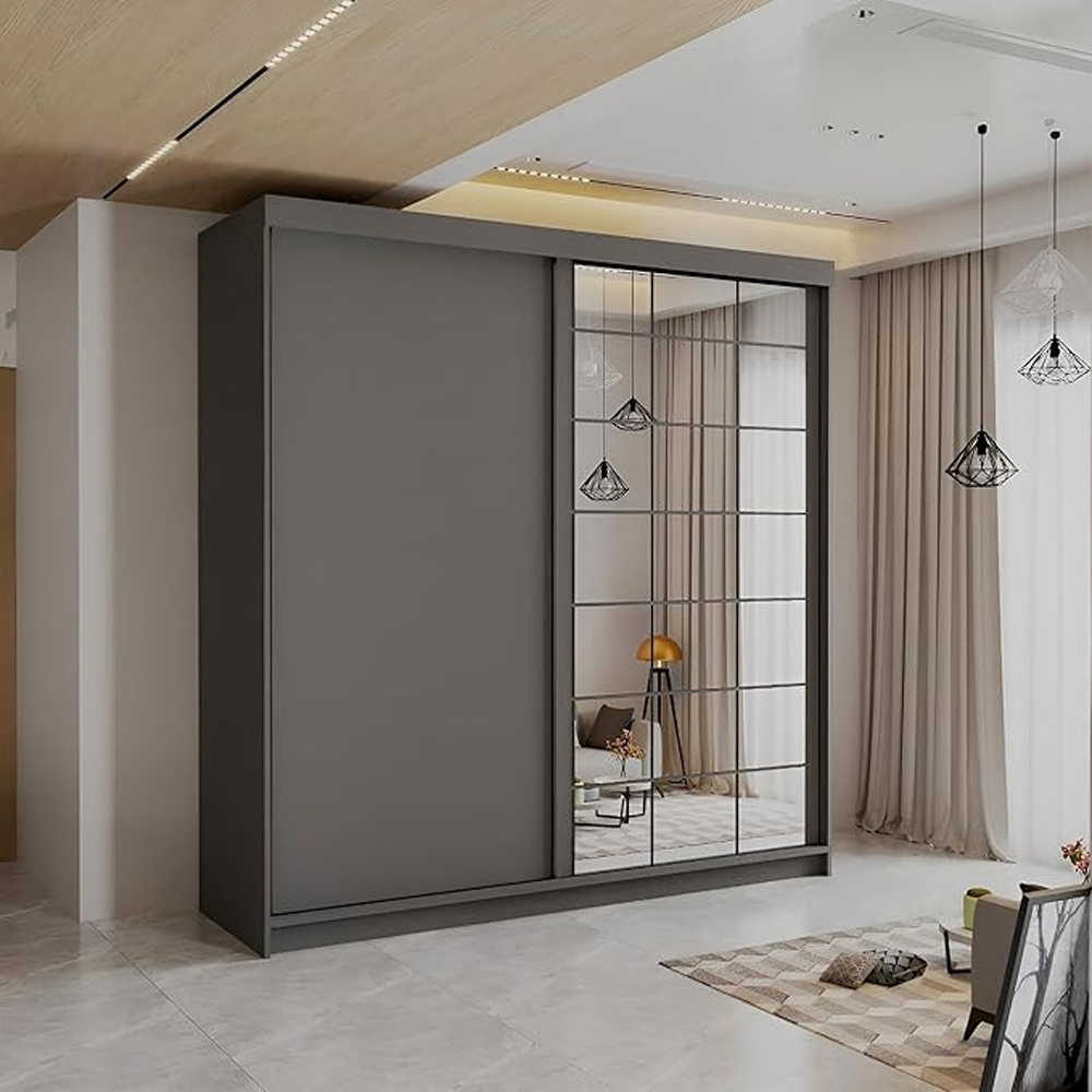 Sliding Wardrobes 4U Collin 2 Sliding Door Grey Grid Mirrored Wardrobe 200cm Image 3