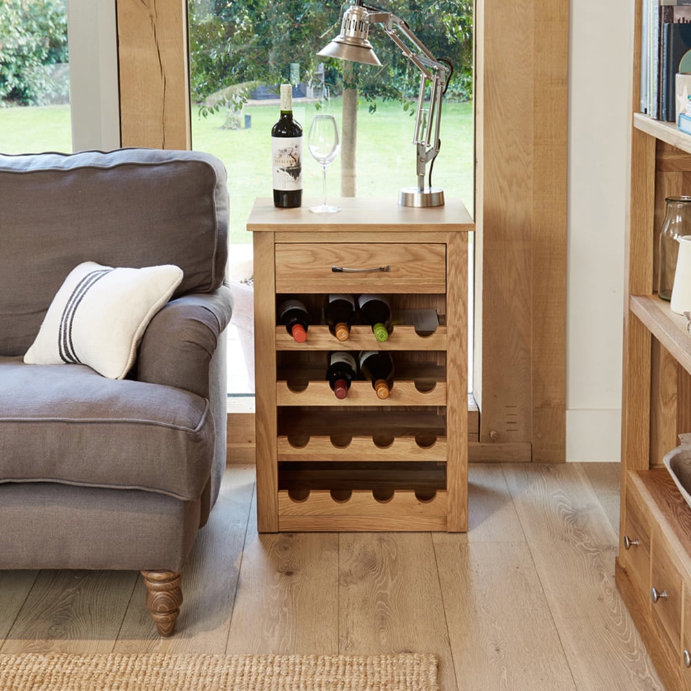 Baumhaus Mobel Single Drawer 16 Bottle Oak Wine Rack Lamp Table Image 2