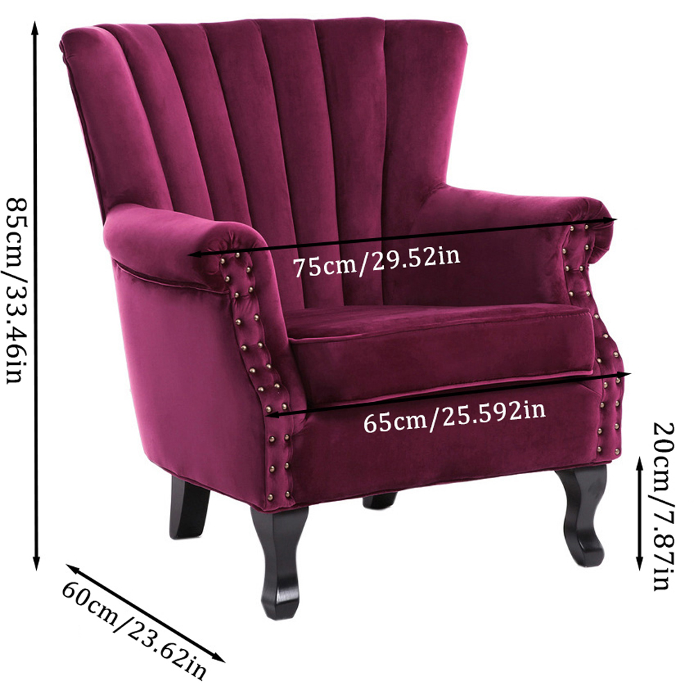 Living and Home Vintage Wine Red Velvet Wingback Armchair with Studs Image 9