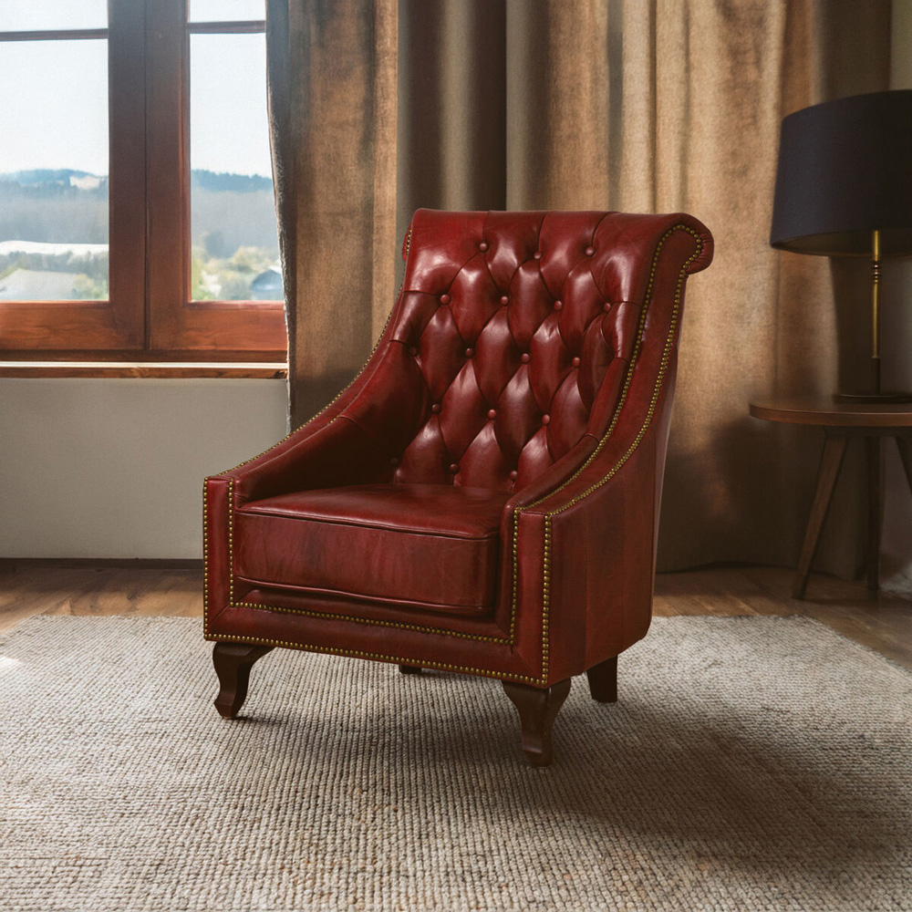 Premier Housewares Victor Deep Red Leather Tufted Back Lounge Chair Image 8